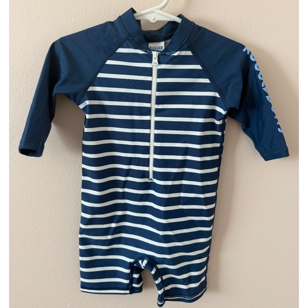 RuggedButts Striped One Piece Rash Guard Baby 6-12M Swim Bodysuit NWT